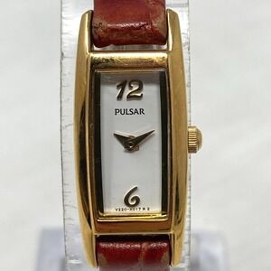 Vintage Pulsar Tank Watch Women 12mm Gold Tone V220-X023 Petite New Battery 7.5"